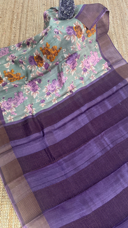 Floral Printed Pure Tussar Silk Saree - Sage Grey | Silk Mark Certified - TP001