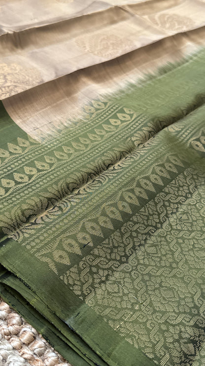 Pure Handloom Soft Silk Saree – Champagne with Olive Green