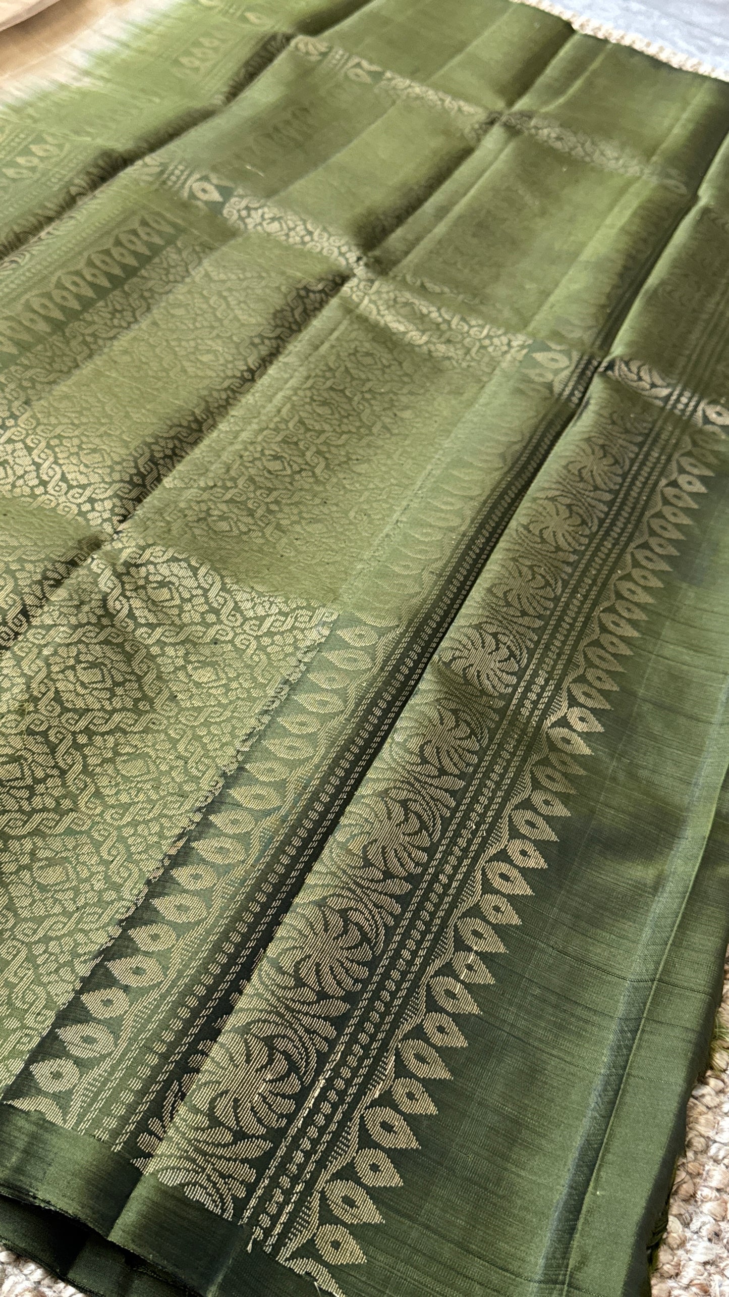 Pure Handloom Soft Silk Saree – Champagne with Olive Green