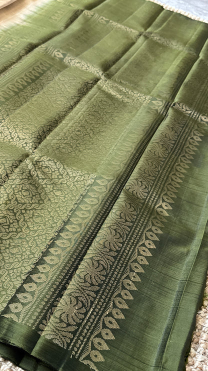 Pure Handloom Soft Silk Saree – Champagne with Olive Green