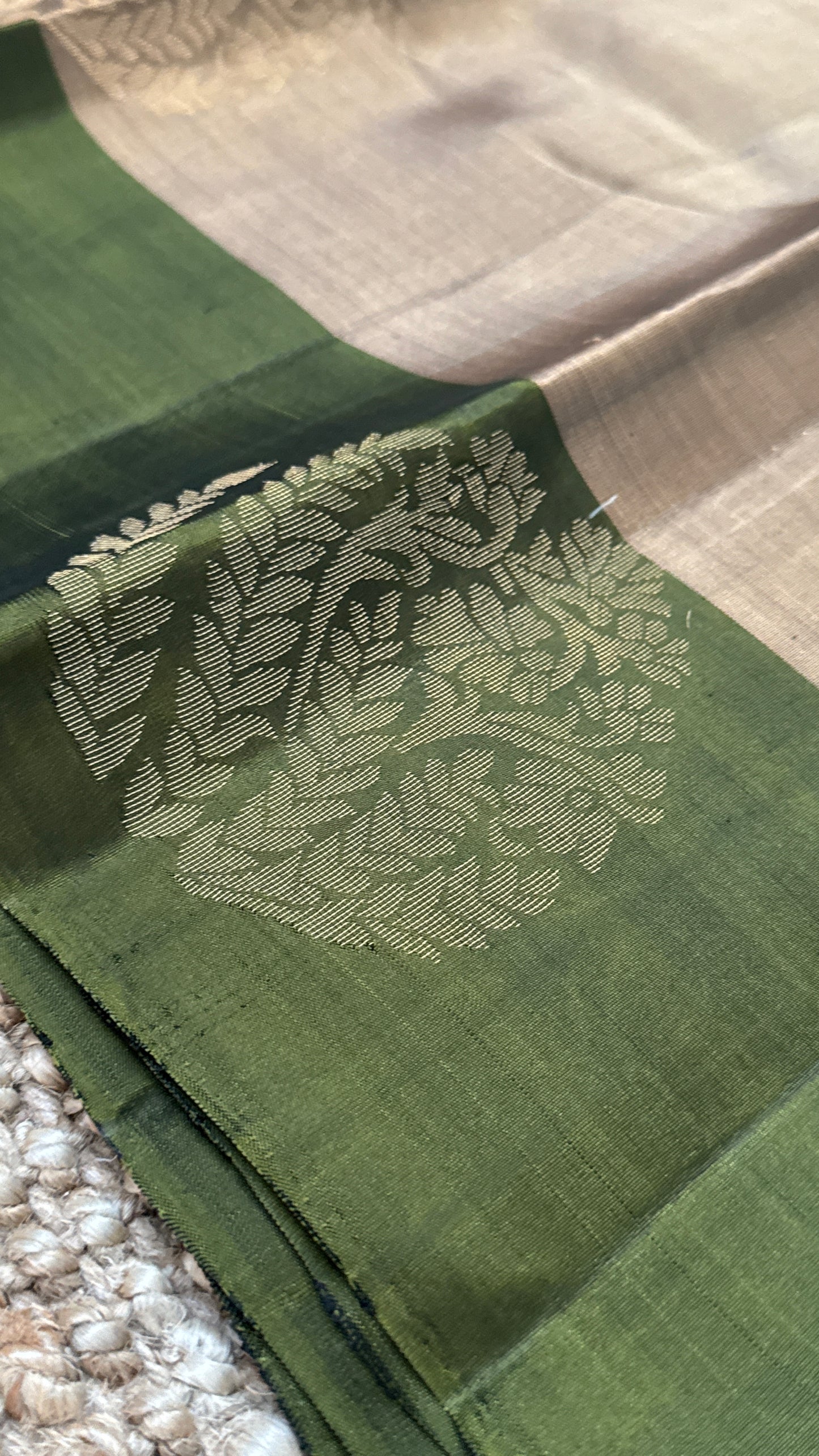 Pure Handloom Soft Silk Saree – Champagne with Olive Green