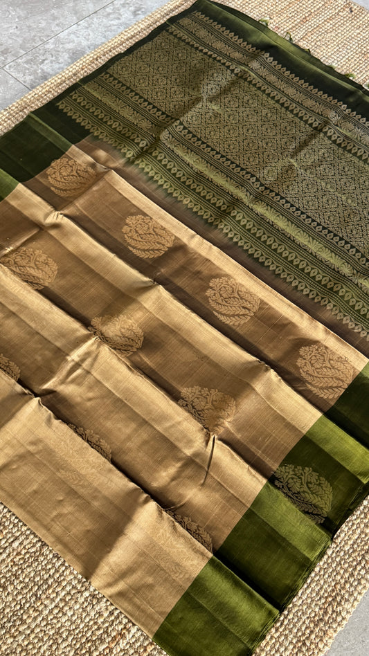 Pure Handloom Soft Silk Saree – Champagne with Olive Green
