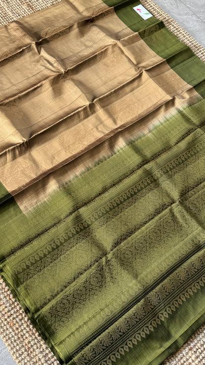 Pure Handloom Soft Silk Saree – Champagne with Olive Green