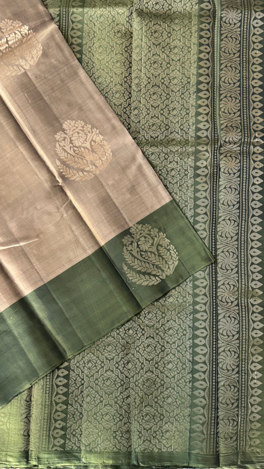 Pure Handloom Soft Silk Saree – Champagne with Olive Green