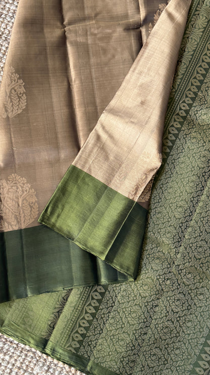Pure Handloom Soft Silk Saree – Champagne with Olive Green