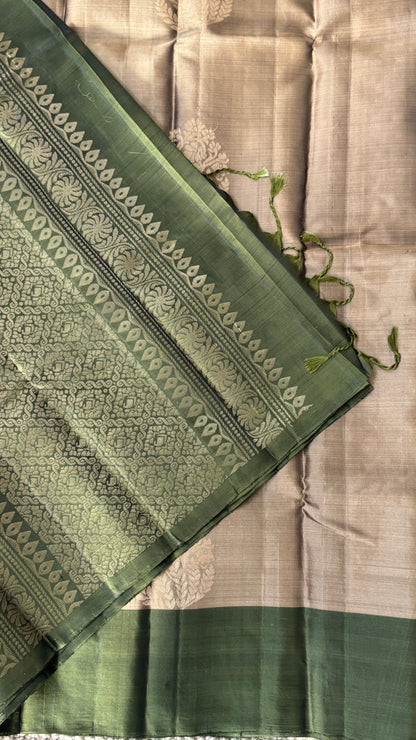 Pure Handloom Soft Silk Saree – Champagne with Olive Green