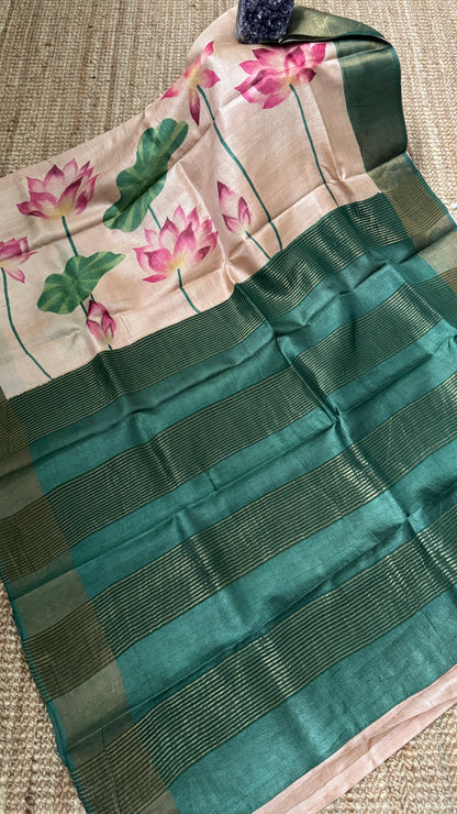 Handpainted Lotus Motif Pure Tussar Silk Saree | Silk Mark Certified - TP002