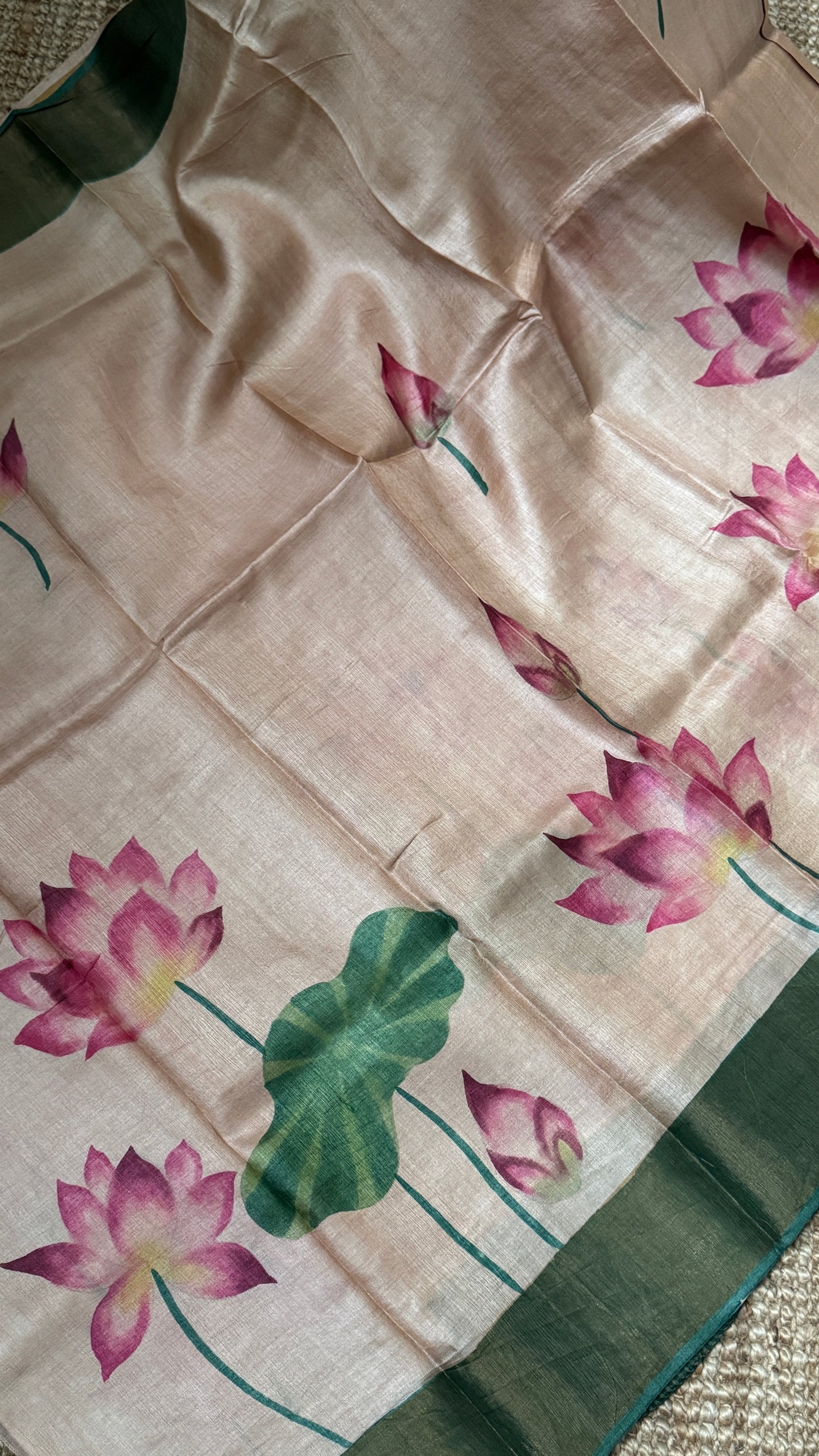 Handpainted Lotus Motif Pure Tussar Silk Saree | Silk Mark Certified - TP002