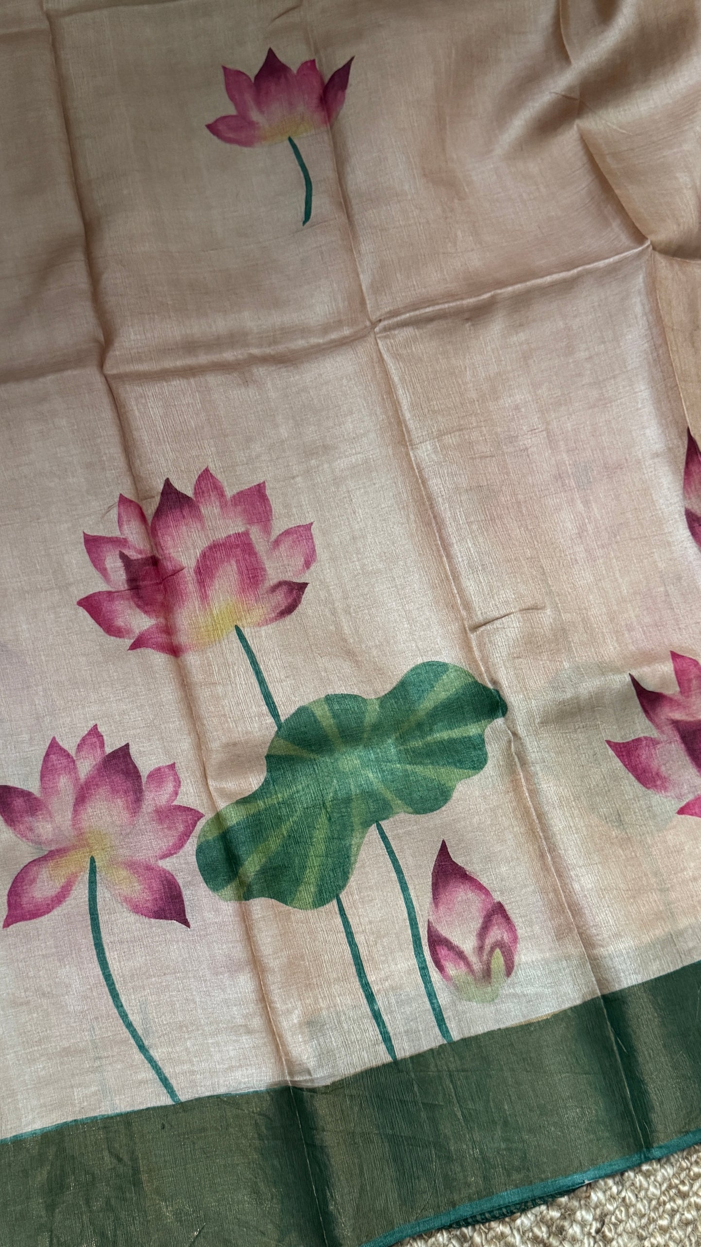 Handpainted Lotus Motif Pure Tussar Silk Saree | Silk Mark Certified - TP002
