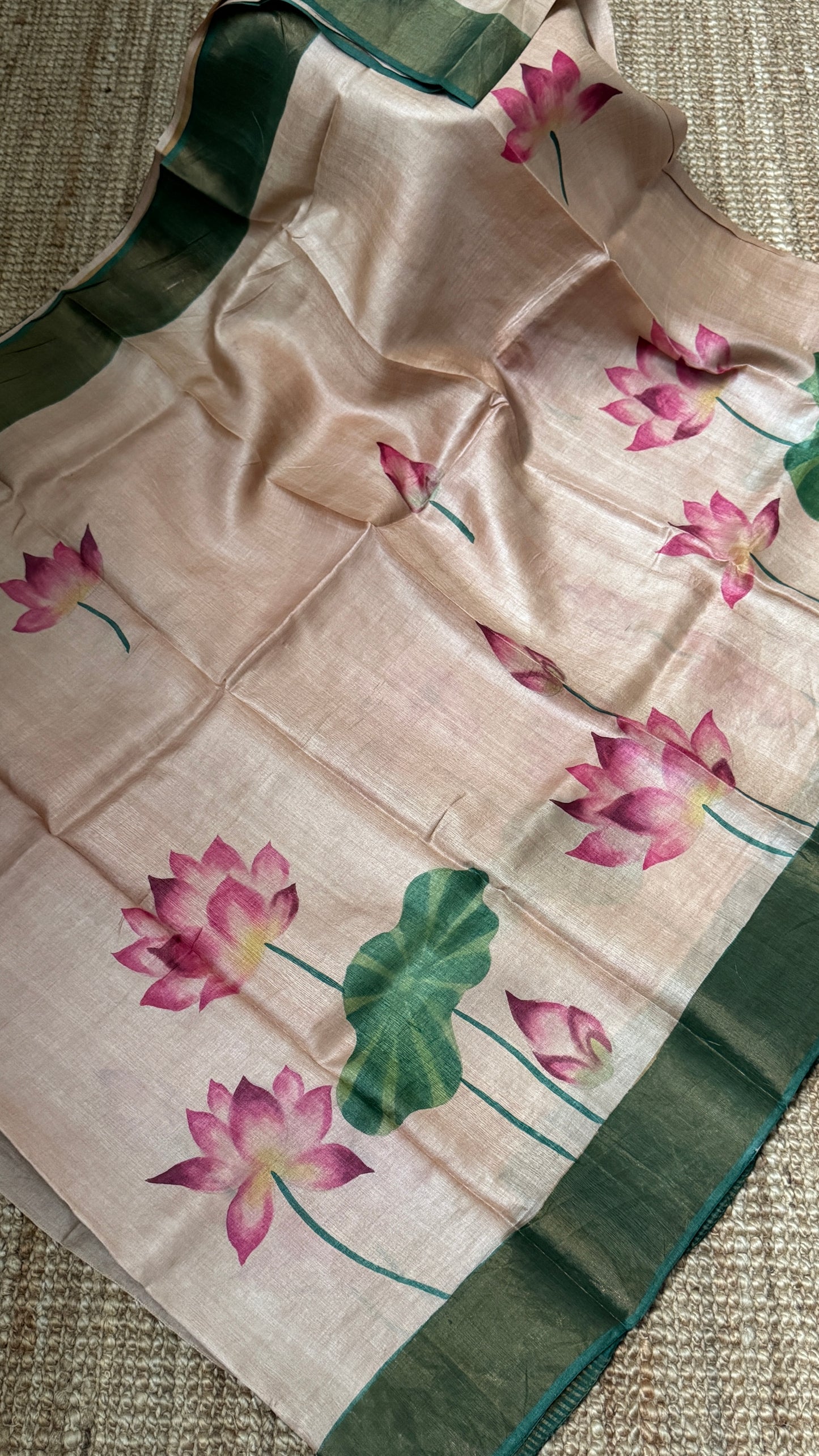 Handpainted Lotus Motif Pure Tussar Silk Saree | Silk Mark Certified - TP002