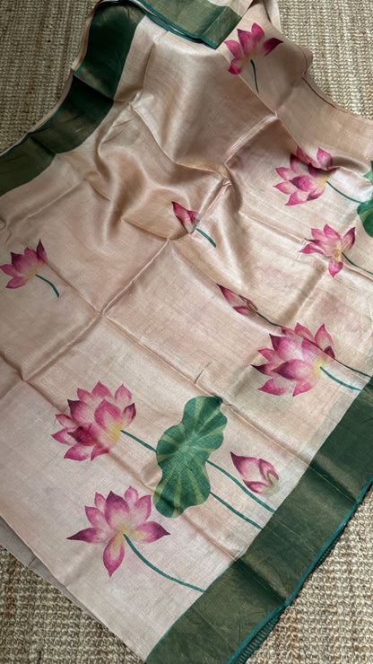 Handpainted Lotus Motif Pure Tussar Silk Saree | Silk Mark Certified - TP002