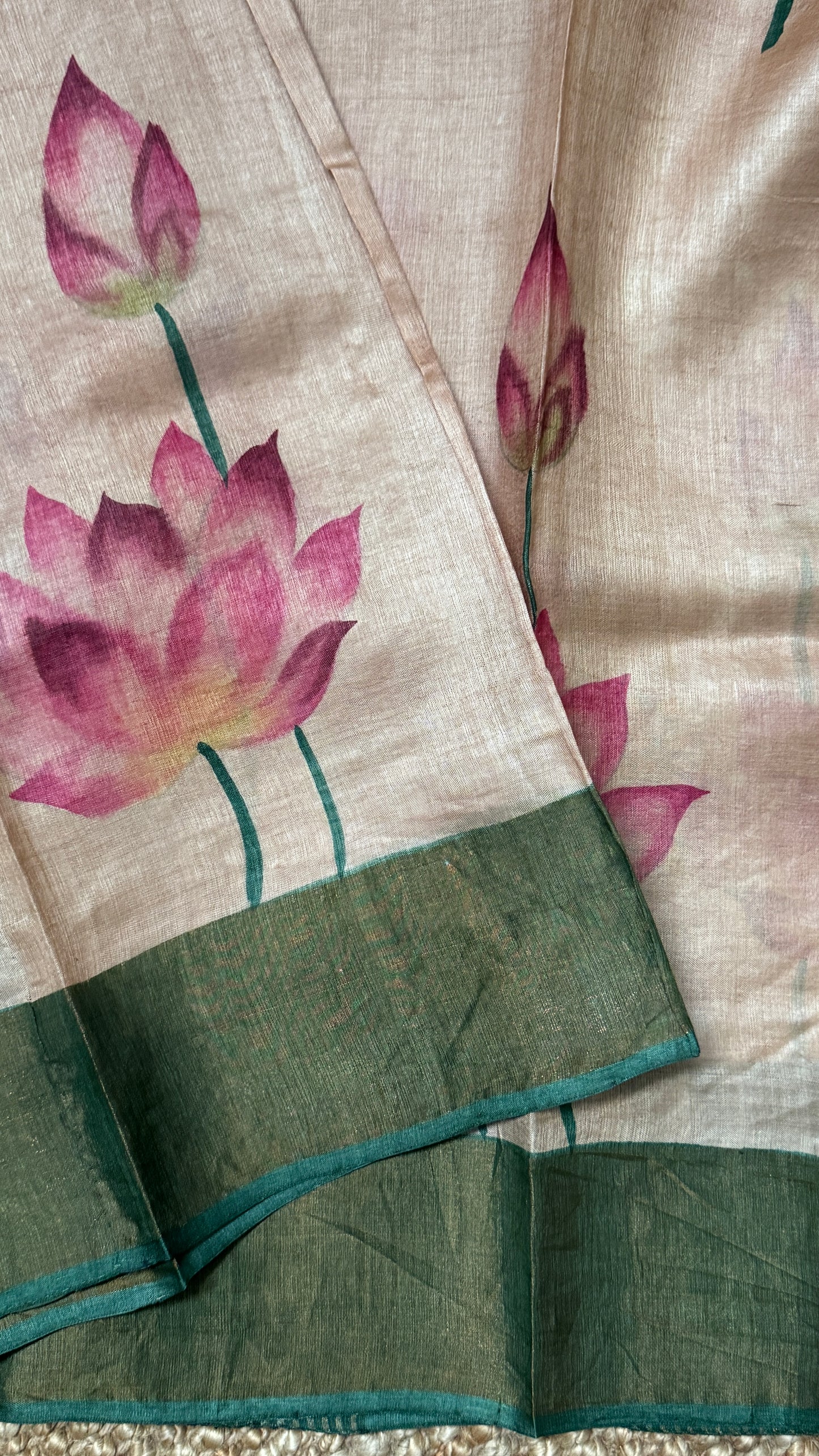 Handpainted Lotus Motif Pure Tussar Silk Saree | Silk Mark Certified - TP002