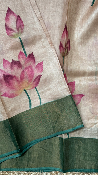Handpainted Lotus Motif Pure Tussar Silk Saree | Silk Mark Certified - TP002