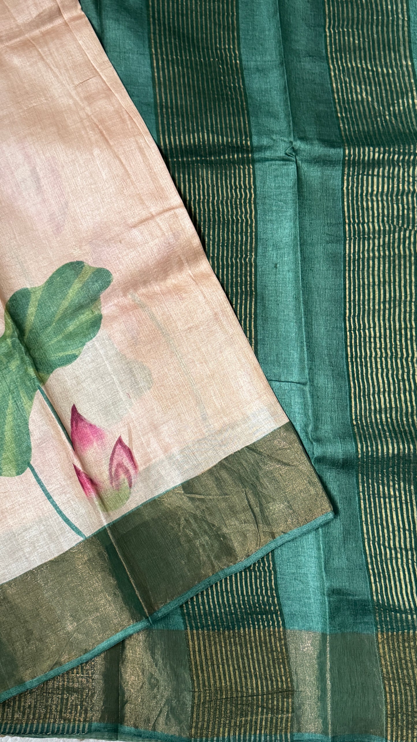 Handpainted Lotus Motif Pure Tussar Silk Saree | Silk Mark Certified - TP002