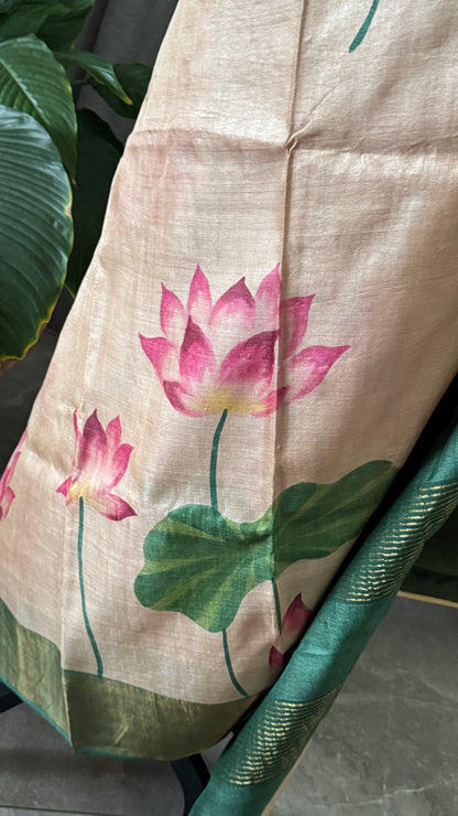 Handpainted Lotus Motif Pure Tussar Silk Saree | Silk Mark Certified - TP002