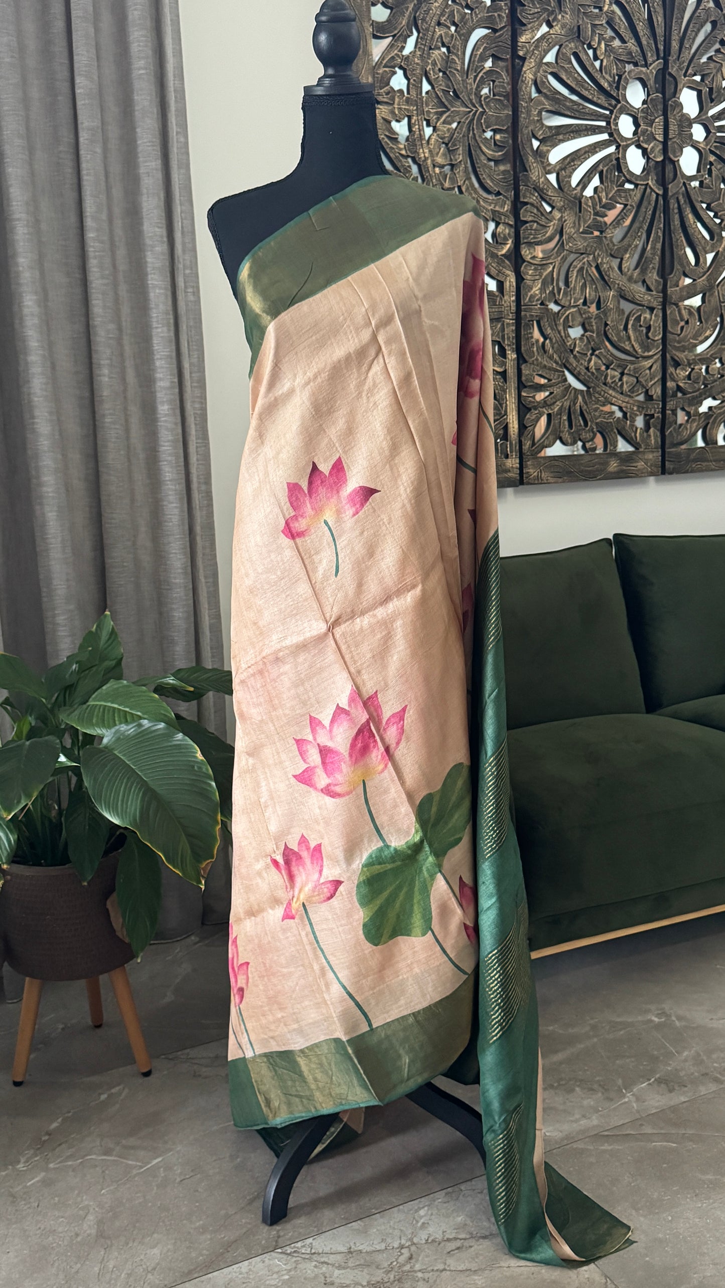 Handpainted Lotus Motif Pure Tussar Silk Saree | Silk Mark Certified - TP002