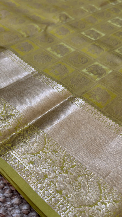 Mehendi Yellow & Green Pure Kanchipuram Silk Saree | Silk Mark Certified
