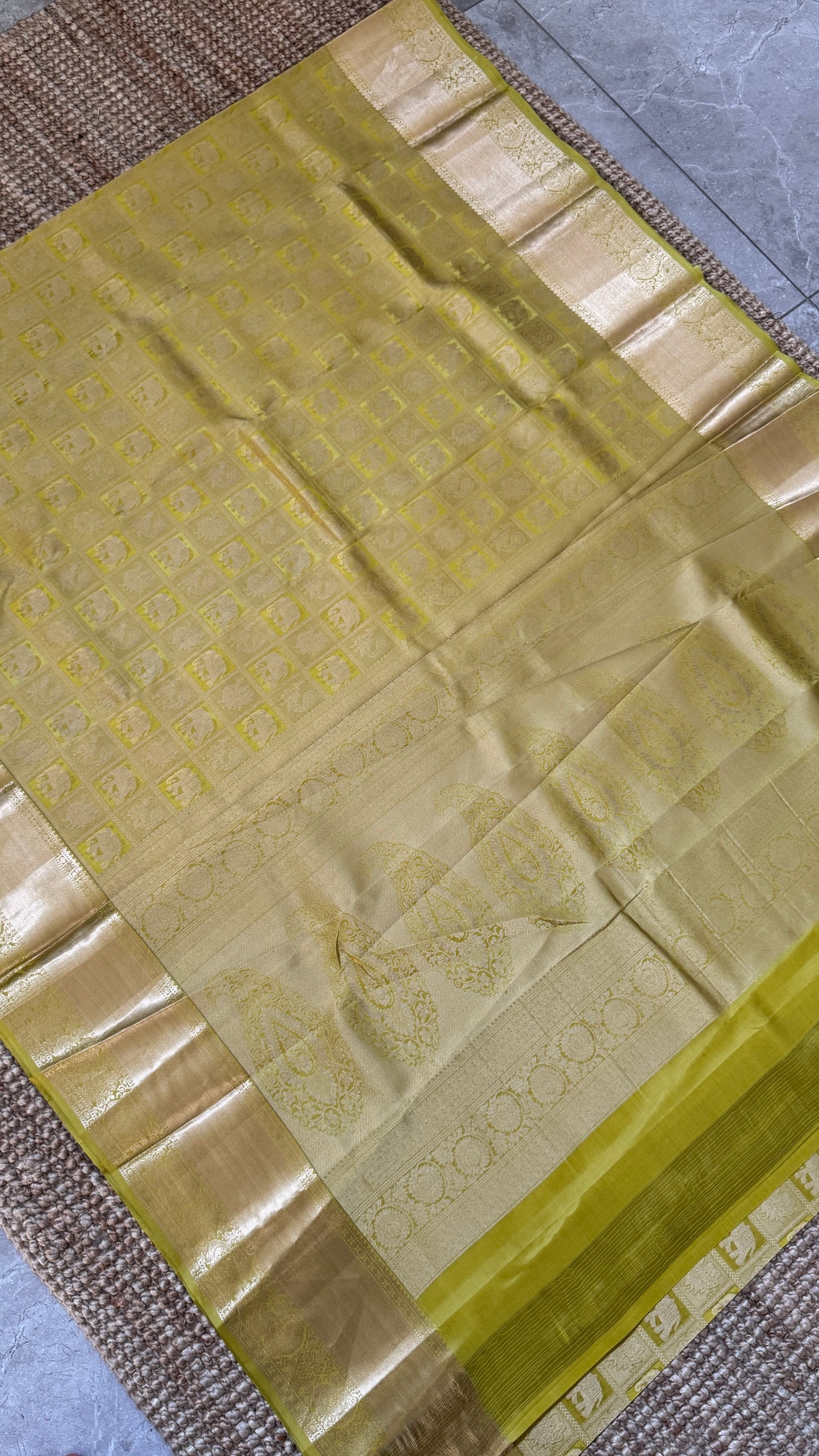 Mehendi Yellow & Green Pure Kanchipuram Silk Saree | Silk Mark Certified