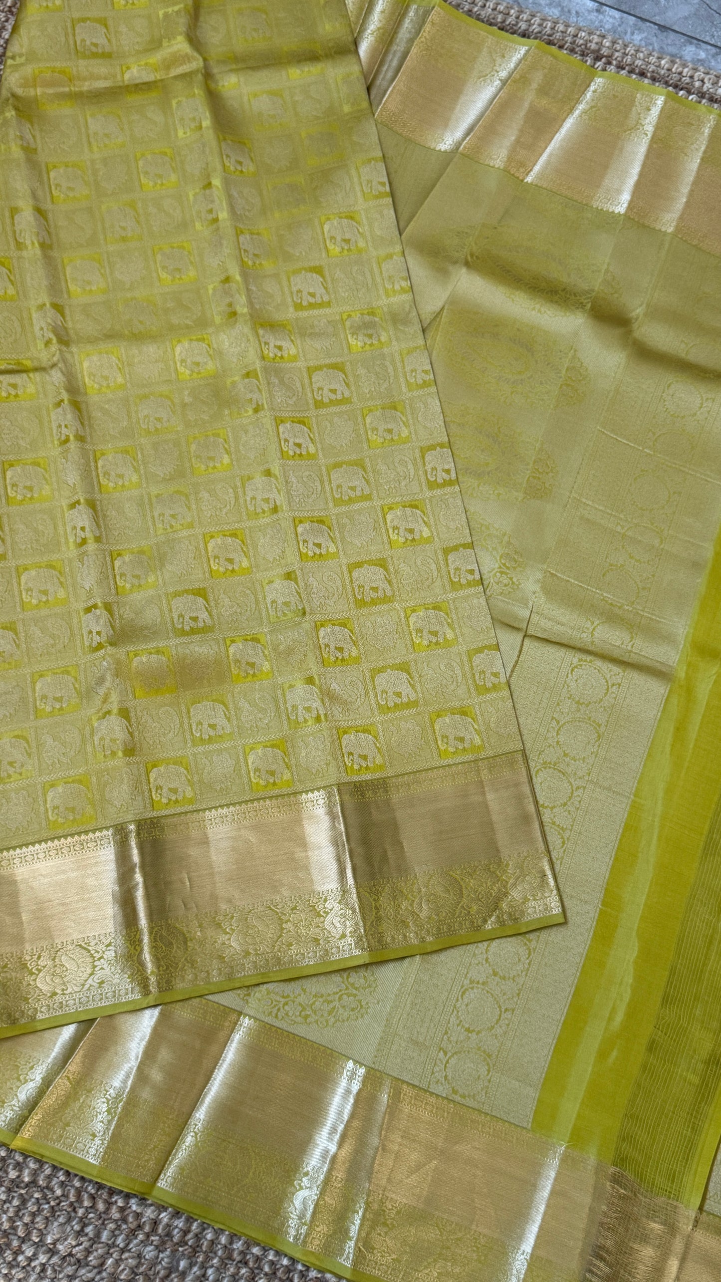 Mehendi Yellow & Green Pure Kanchipuram Silk Saree | Silk Mark Certified
