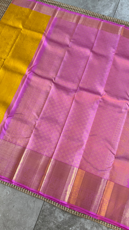 Yellow & Pink Pure Kanchipuram Silk Saree | Silk Mark Certified