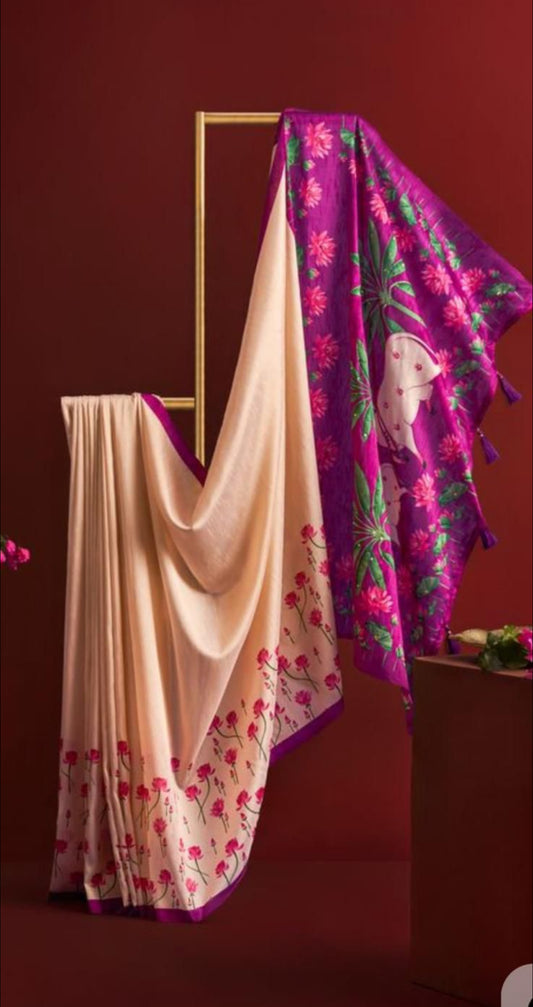 Purely Handpainted Pichwai On Pure Tussar Silk Saree-White & Pink|Silk Mark Certified