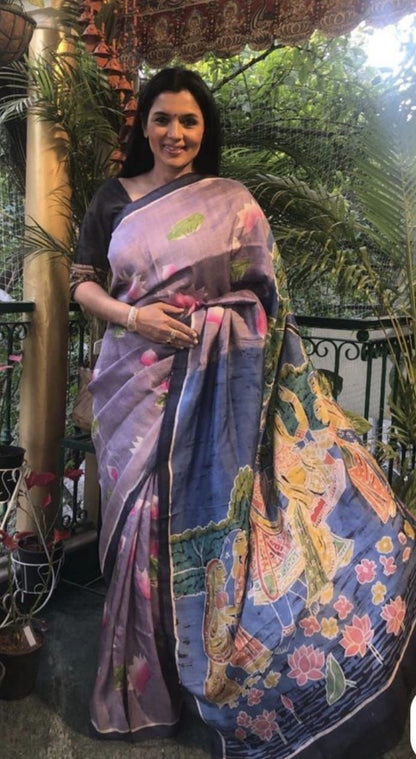 Purely Handpainted Batik Floral On Pure Tussar Silk Saree-Lavender|Silk Mark Certified