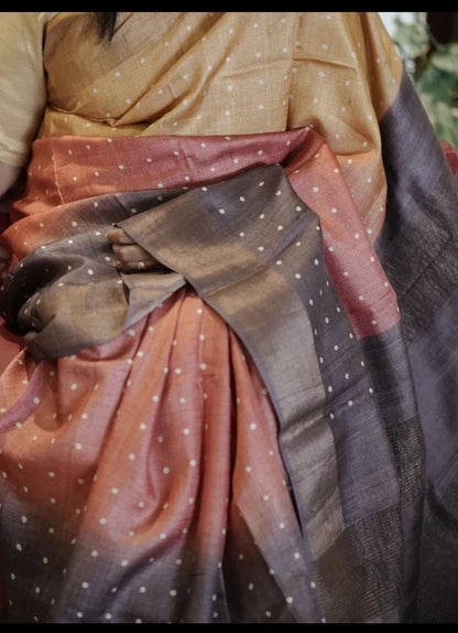 Geometric Patterned Pure Tussar Silk Saree-Multitoned|Silk Mark Certified