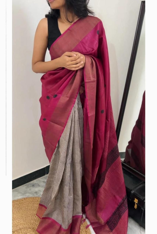 Geometric Patterned Pure Tussar Silk Saree-Pink|Silk Mark Certified