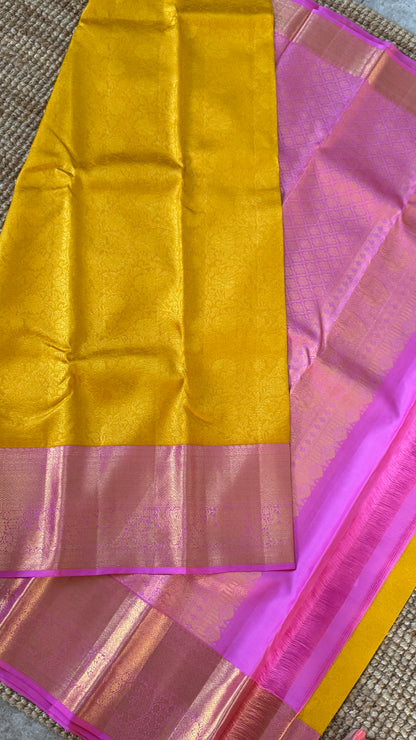 Yellow & Pink Pure Kanchipuram Silk Saree | Silk Mark Certified