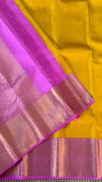 Yellow & Pink Pure Kanchipuram Silk Saree | Silk Mark Certified