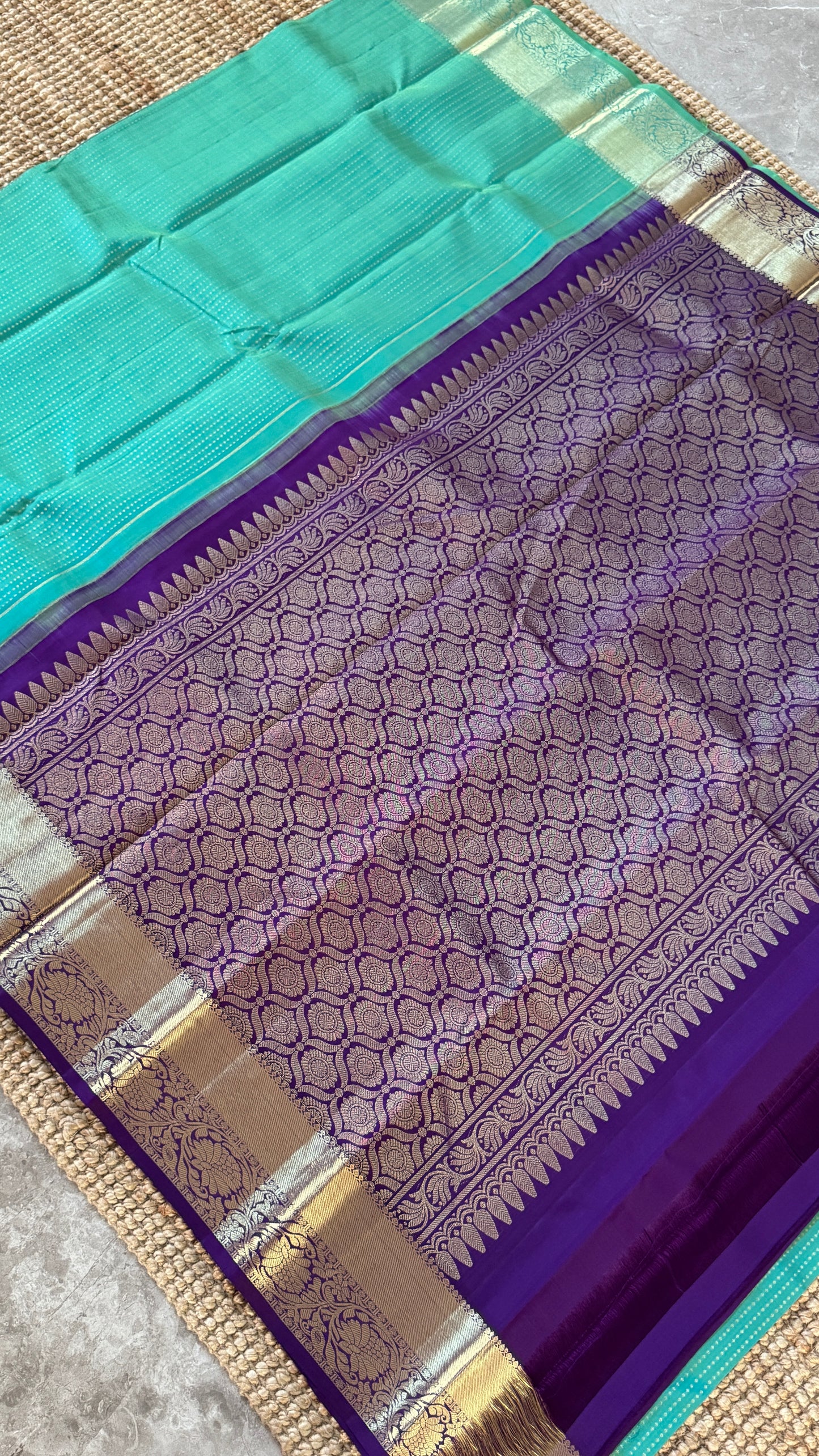 Aquamarine & Purple Pure Kanchipuram Silk Saree | Silk Mark Certified
