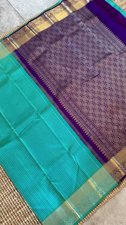 Aquamarine & Purple Pure Kanchipuram Silk Saree | Silk Mark Certified