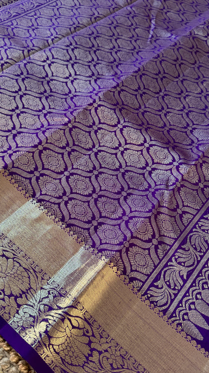 Aquamarine & Purple Pure Kanchipuram Silk Saree | Silk Mark Certified