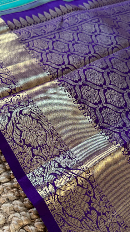 Aquamarine & Purple Pure Kanchipuram Silk Saree | Silk Mark Certified