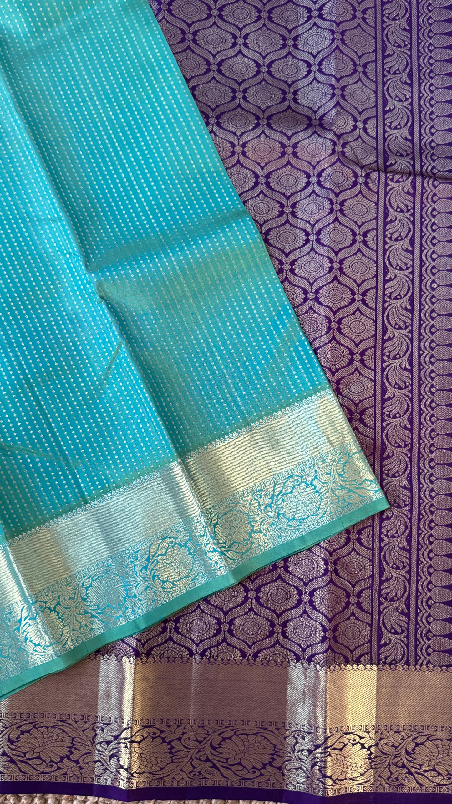 Aquamarine & Purple Pure Kanchipuram Silk Saree | Silk Mark Certified
