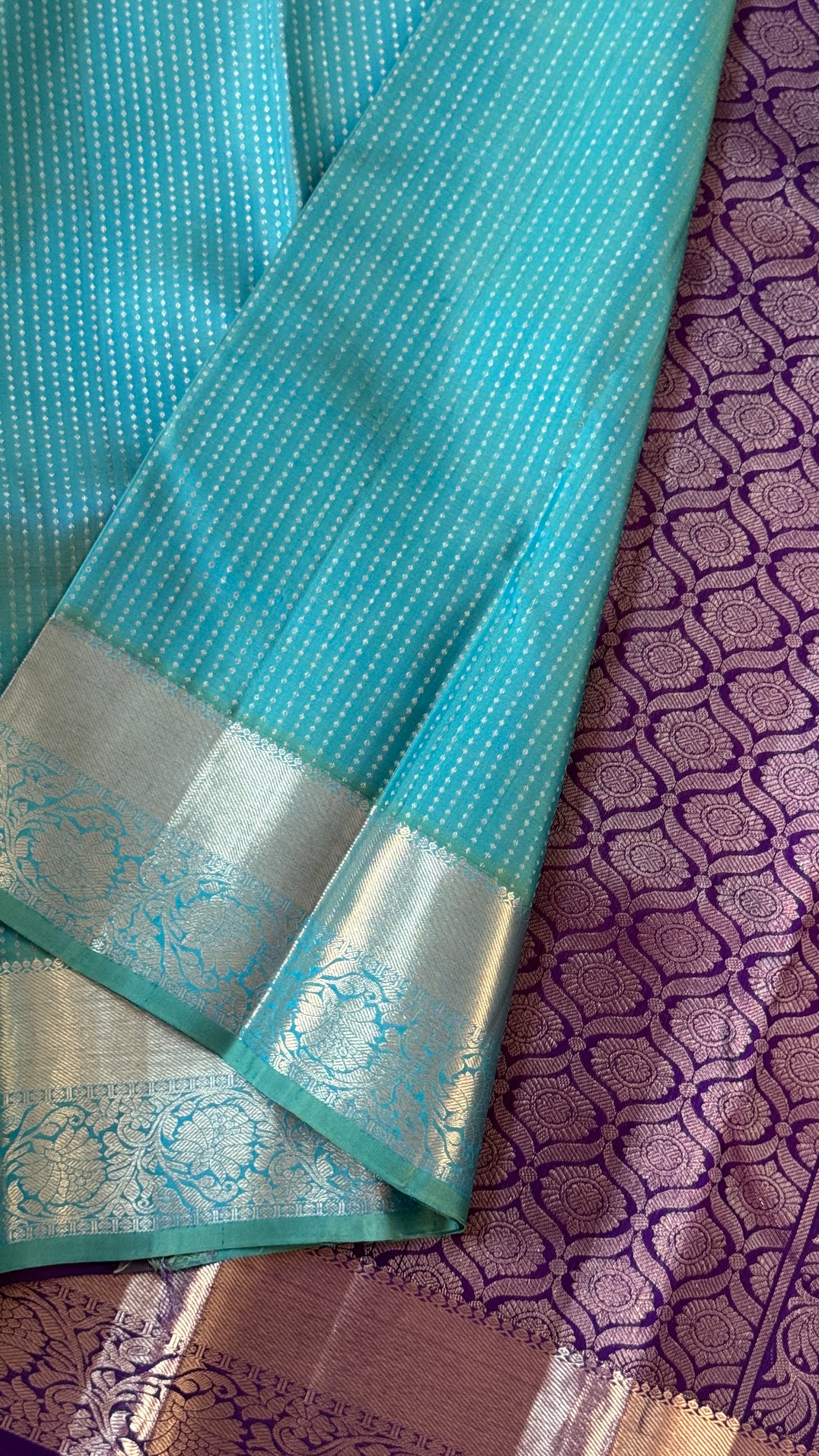 Aquamarine & Purple Pure Kanchipuram Silk Saree | Silk Mark Certified