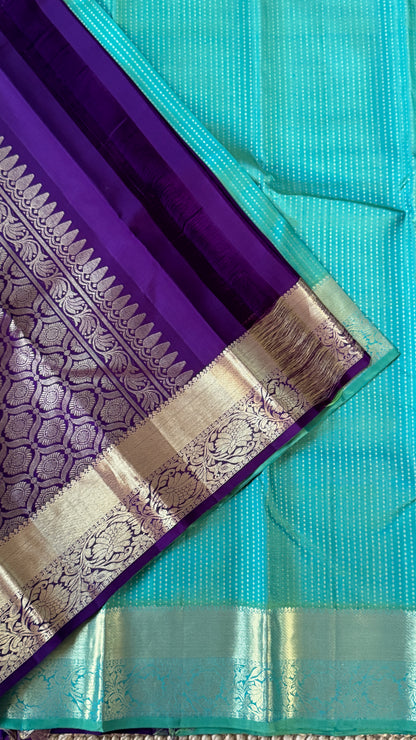 Aquamarine & Purple Pure Kanchipuram Silk Saree | Silk Mark Certified