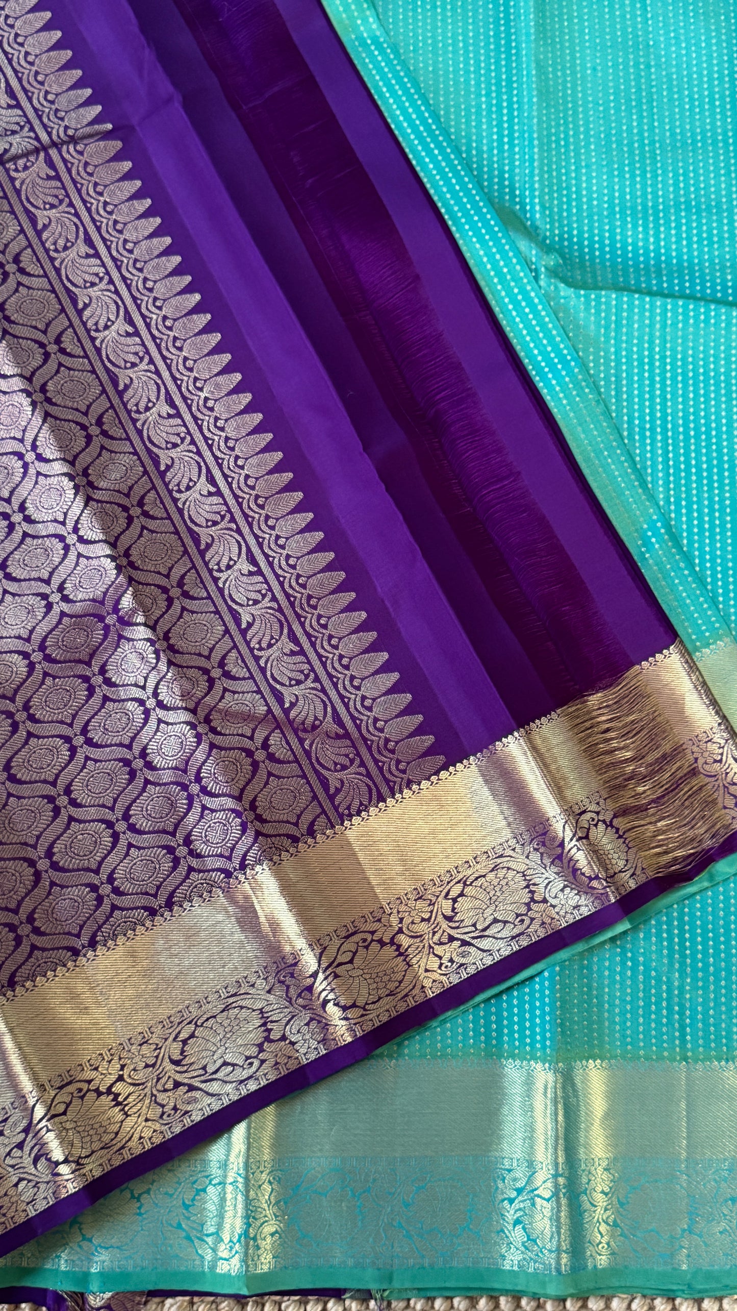 Aquamarine & Purple Pure Kanchipuram Silk Saree | Silk Mark Certified