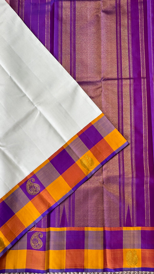 Half White Pure Kanchipuram Silk Saree | Silk Mark Certified