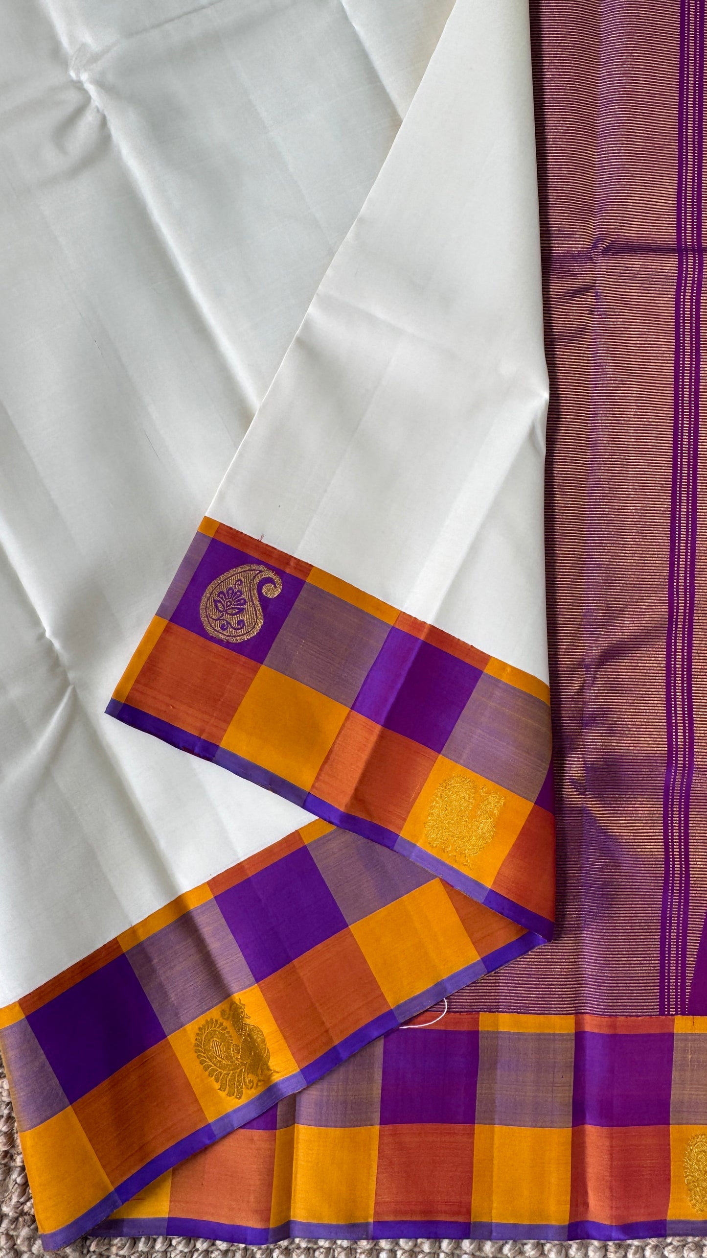 Half White Pure Kanchipuram Silk Saree | Silk Mark Certified