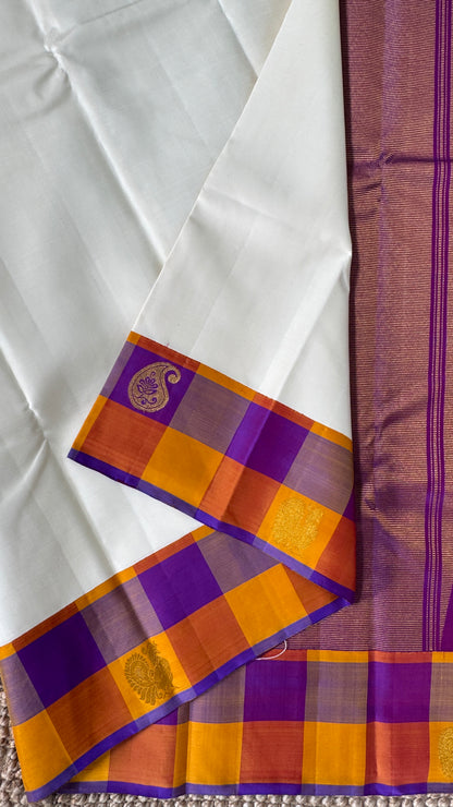 Half White Pure Kanchipuram Silk Saree | Silk Mark Certified