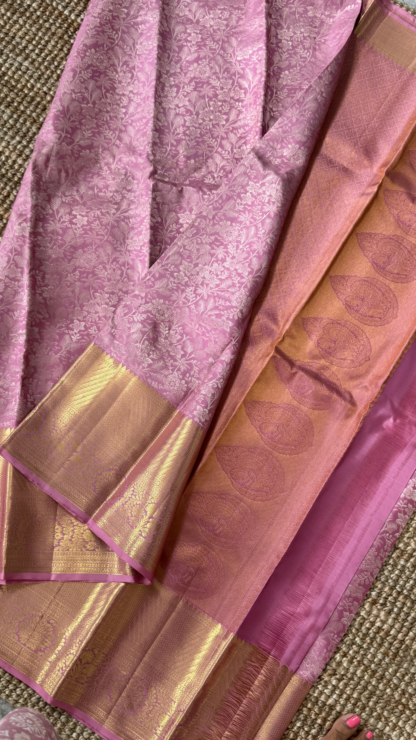 Pink & Gold Pure Handloom Kanchipuram Silk Saree | Silk Mark Certified