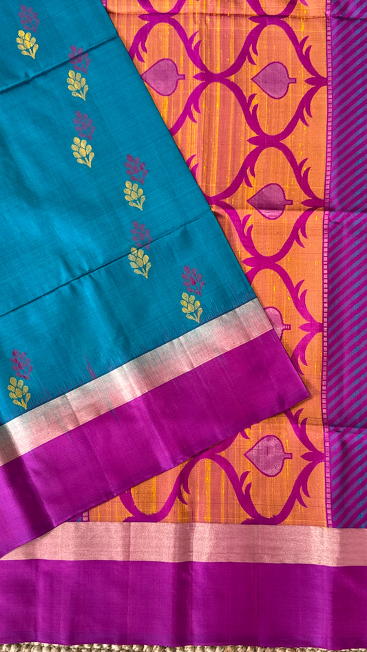 Pure Soft Silk Handloom Saree – Blue and Pink