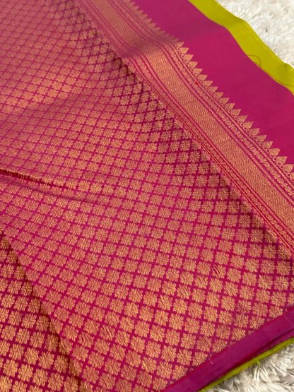 Parrot Green Pure Kanchipuram Silk Saree with Magenta Pallu | Silk Mark Certified