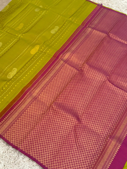 Parrot Green Pure Kanchipuram Silk Saree with Magenta Pallu | Silk Mark Certified