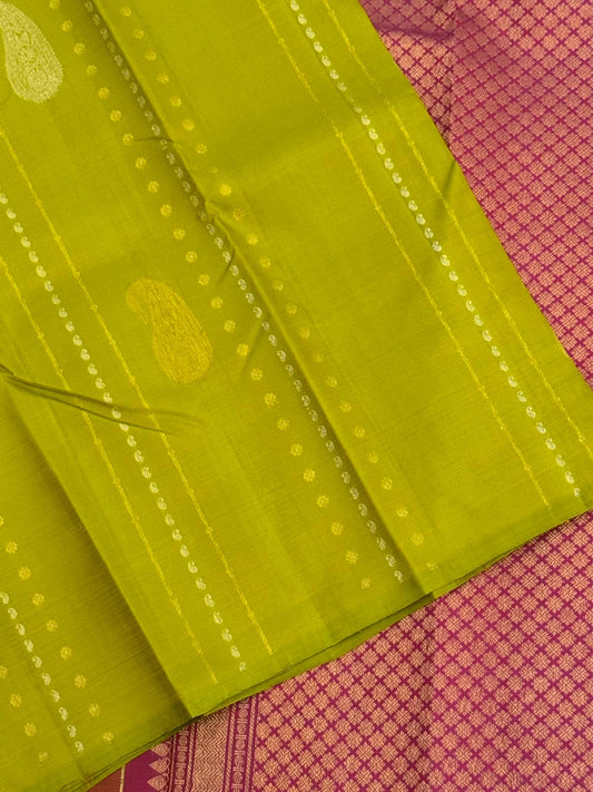 Parrot Green Pure Kanchipuram Silk Saree with Magenta Pallu | Silk Mark Certified