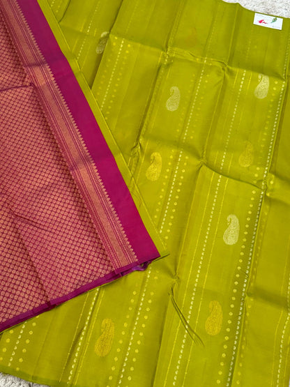 Parrot Green Pure Kanchipuram Silk Saree with Magenta Pallu | Silk Mark Certified