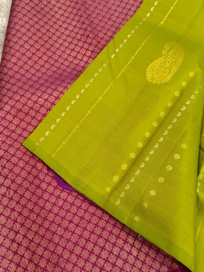 Parrot Green Pure Kanchipuram Silk Saree with Magenta Pallu | Silk Mark Certified