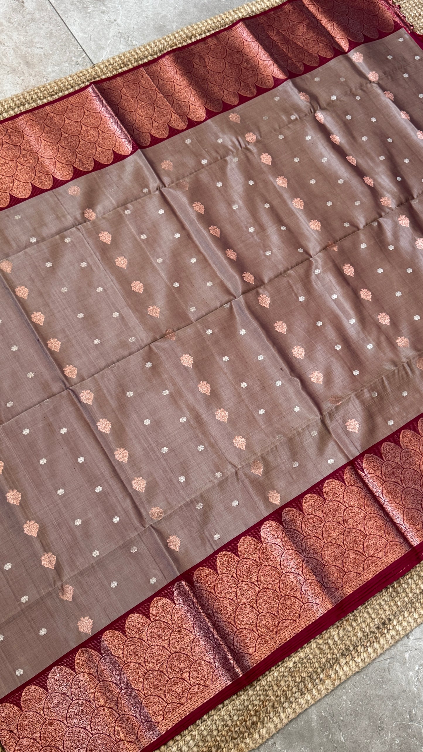 Nude & Maroon Pure Soft Silk Handloom Saree | Silk Mark Certified