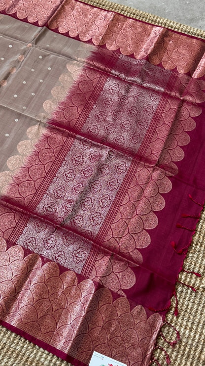 Nude & Maroon Pure Soft Silk Handloom Saree | Silk Mark Certified